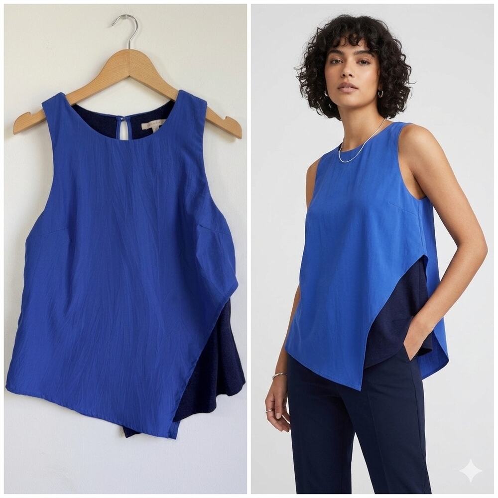 Bordeaux XS Blue Asymmetrical Sleeveless Mixed Media Casual Office Blouse Top